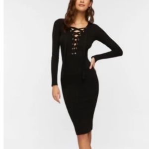 Luxury ribbed black midi lace up sweater dress size medium bodycon